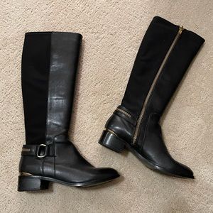 Black Leather Knee High Riding Boots with Gold Accents